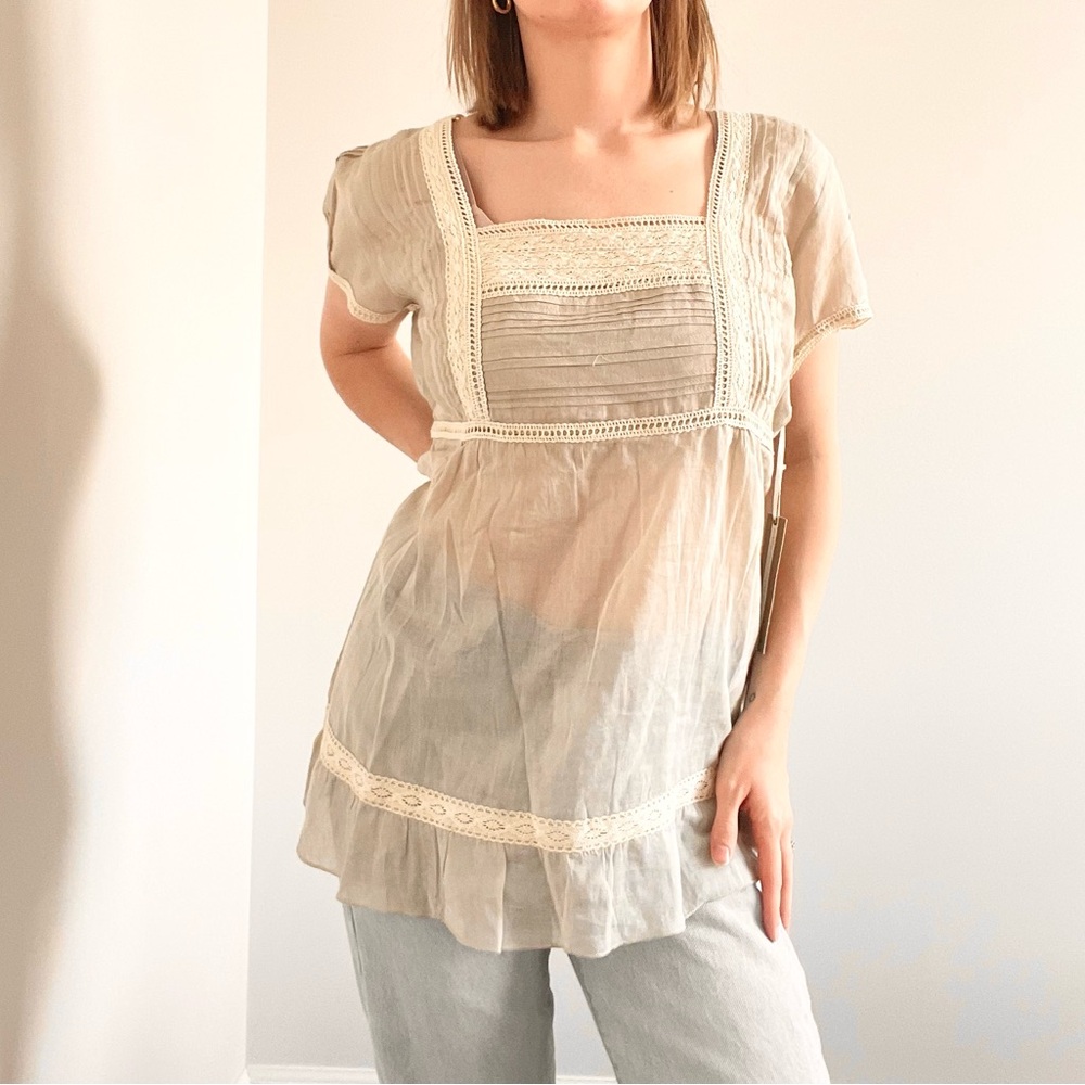 Vintage Marty Nordstrom Boho Lace-Trim Square Neck Women's Top in Cream